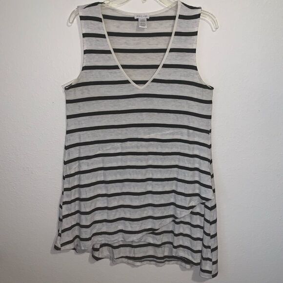 Cache Asymmetrical Stripe Tank Top V Neck Tunic Large Sleeveless White Black - Picture 1 of 5